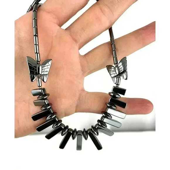 Gray Butterfly Beaded Hematite Stone Graduated Fan Sticks Collar Necklace 16" - Picture 9 of 13